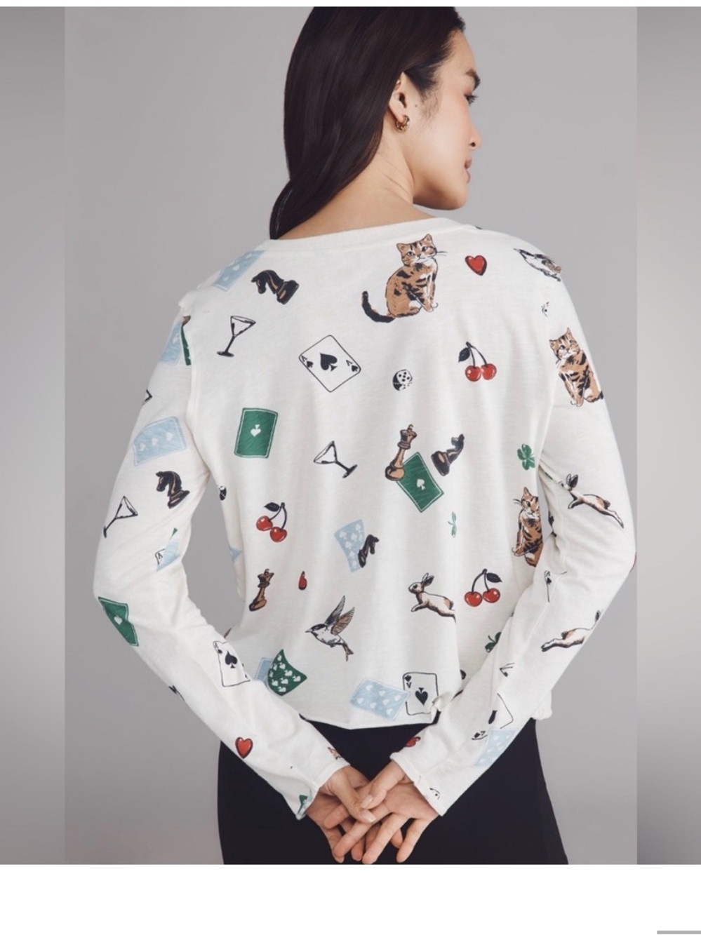 Anthropologie Maeve Caitlin Long Sleeve Boxy Tee- White Cat & GamePrint- NWT-2x